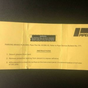 - Shop PLACARD (PIPER) WARNING NE COND # 13268